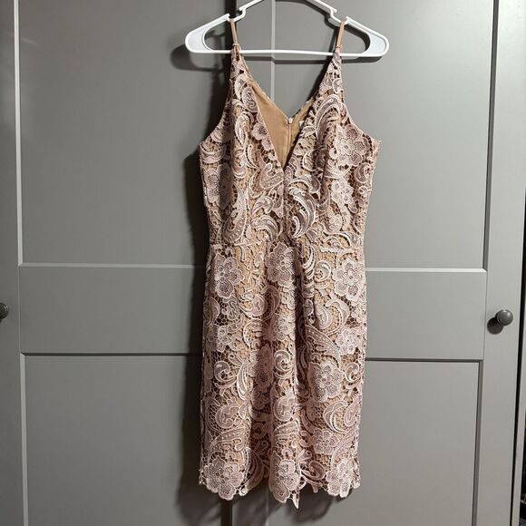 Dress The Population V-Neck Lace Crochet Knee Length Dress Beige/Pink Medium - Picture 1 of 9